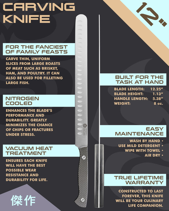 Kessaku Senshi Carving Knife uses, dimensions, maintenance, warranty info, and additional blade treatments