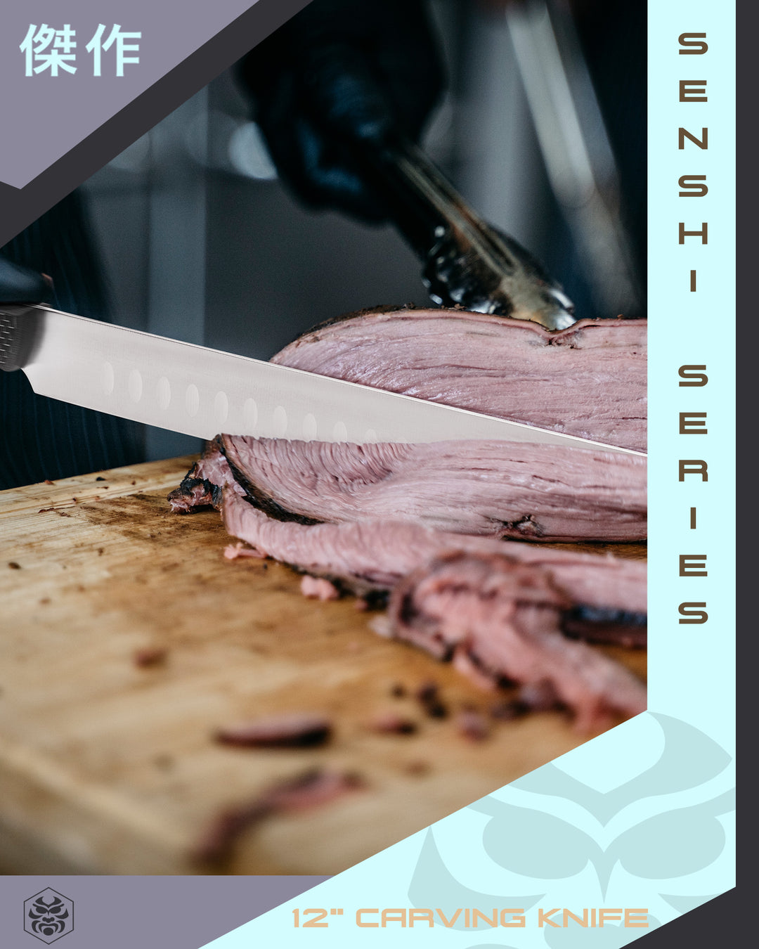A pitmaster slices a large brisket with the Senshi Carving Knife