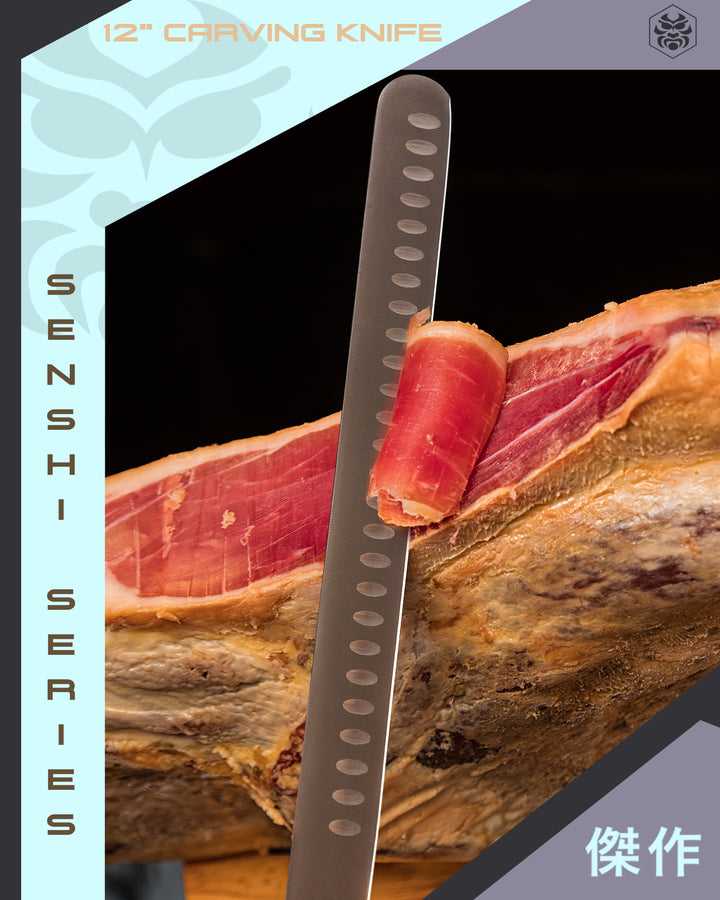Carving a thin slice of Jamon with the Senshi Carving Knife
