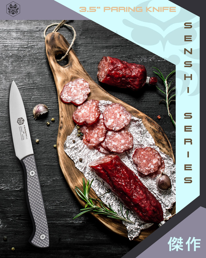 Cured meat sliced and sprigs of roasemary on a cutting board next to the Senshi Series Paring Knife