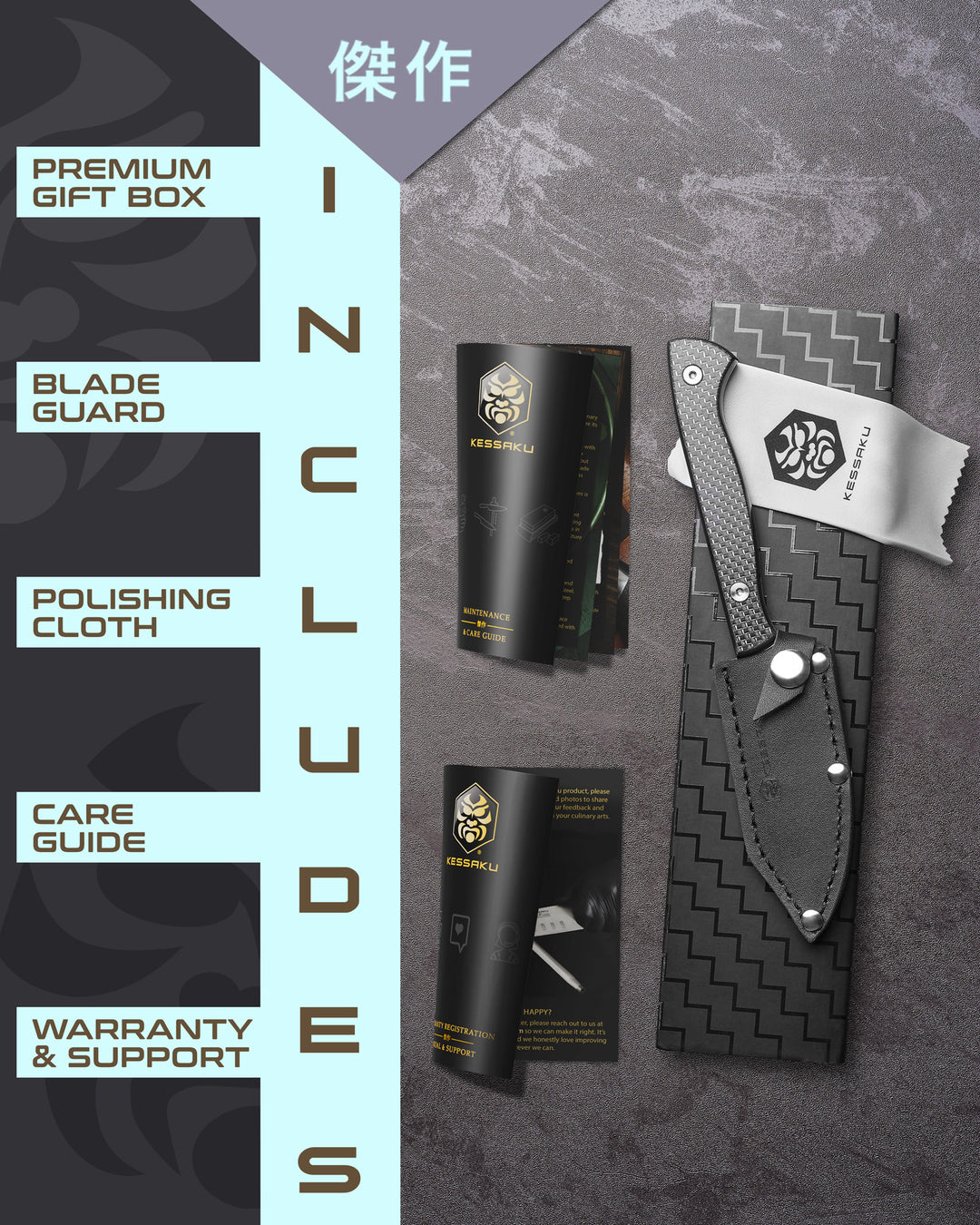 The Kessaku Senshi Paring Knife comes in a premium gift box with a blade guard, polishing cloth, care guide, and warranty & support booklet