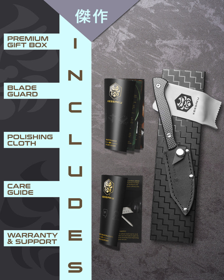 The Kessaku Senshi Paring Knife comes in a premium gift box with a blade guard, polishing cloth, care guide, and warranty & support booklet