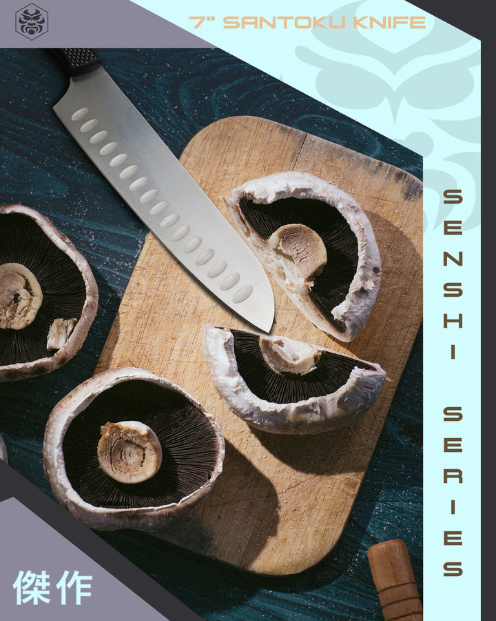 The Senshi Santoku slicing Portobello mushrooms.