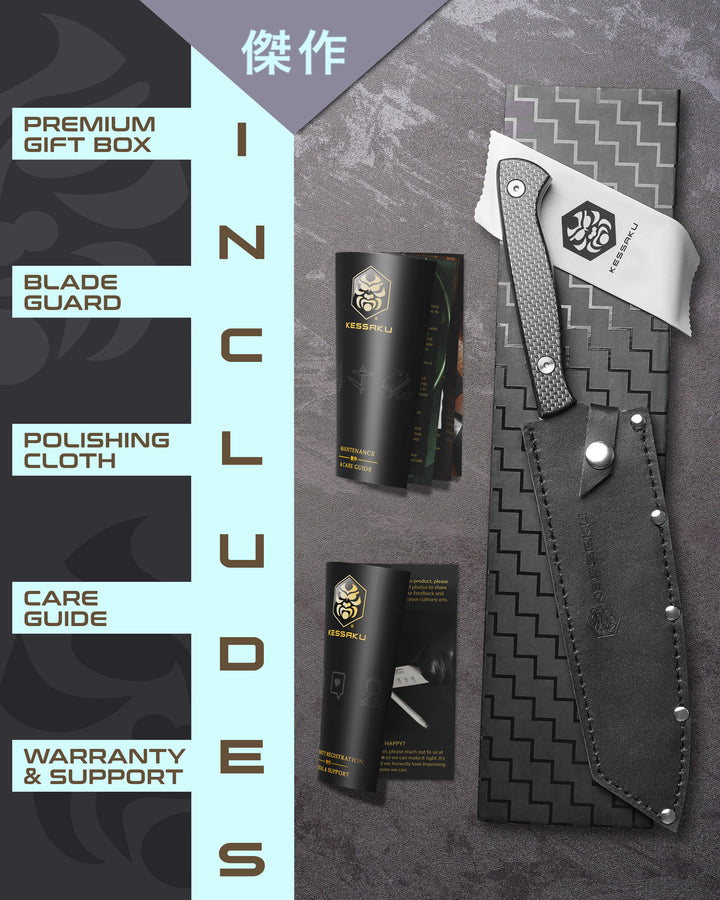 The Kessaku Senshi Santoku Knife comes in a premium gift box with a blade guard, polishing cloth, care guide, and warranty & support booklet