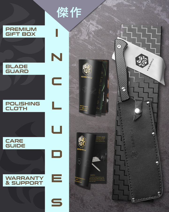 The Kessaku Senshi Nakiri Knife comes in a premium gift box with a blade guard, polishing cloth, care guide, and warranty & support booklet