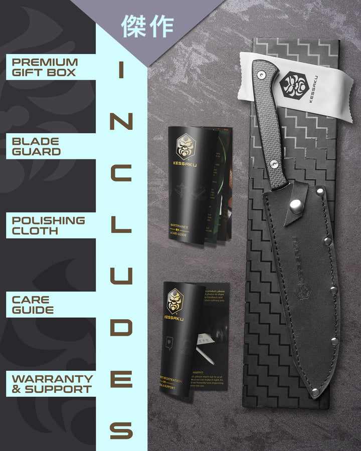 The Kessaku Senshi Chef's Knife comes in a premium gift box with a blade guard, polishing cloth, care guide, and warranty & support booklet