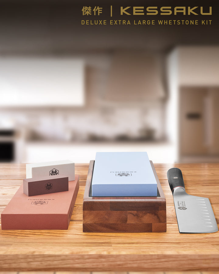 The Kessaku Deluxe Whestone Kit on a kitchen island after sharpening the Spectre Nakiri knife.