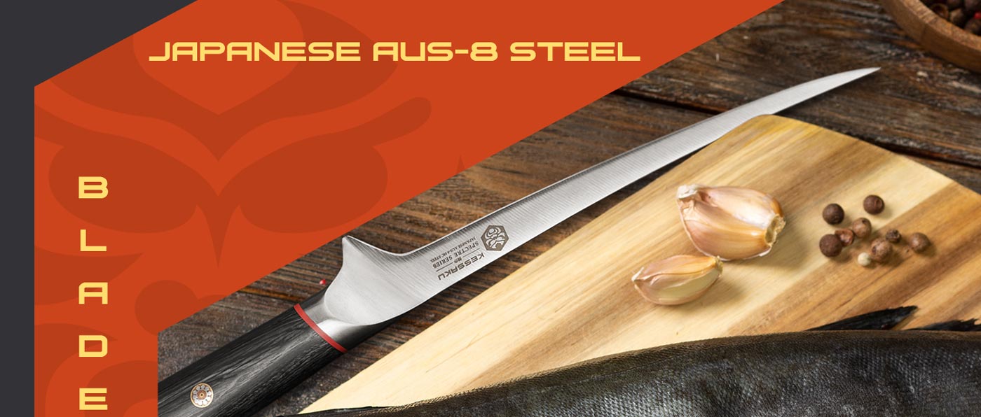 Kessaku Spectre Series Knives are made with AUS-8 high carbon steel.