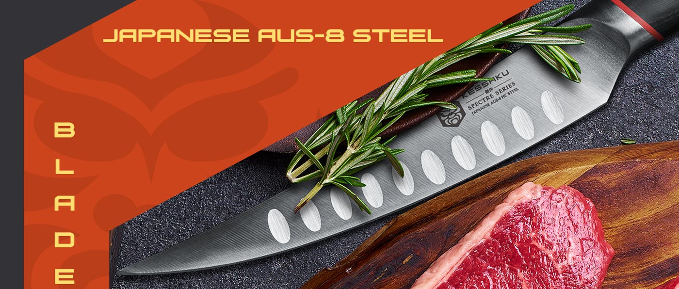 Kessaku Spectre Series Knives are made with AUS-8 high carbon steel.