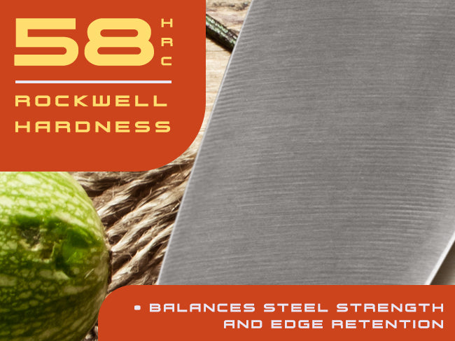 Spectre knives' AUS-8 steel has a Rockwell hardness of 58 (HRC)