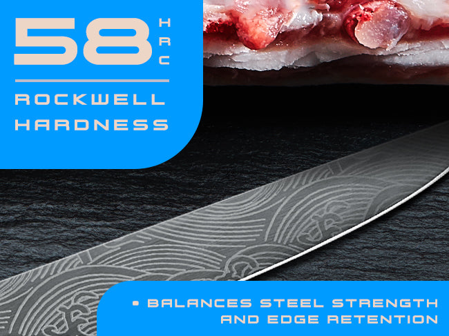 Ronin knives' 7Cr17MoV steel has a Rockwell hardness of 58 (HRC)