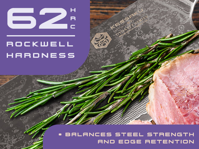 Damascus Dynasty knives' AUS-10V steel has a Rockwell hardness of 62 (HRC)
