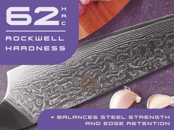 Damascus Dynasty knives' AUS-10V steel has a Rockwell hardness of 62 (HRC)
