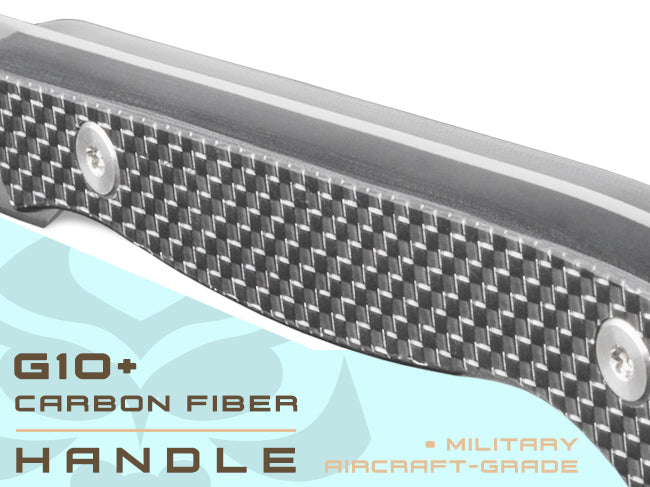 Senshi Series Knives come equipped with a G10 + Carbon Fiber handle.