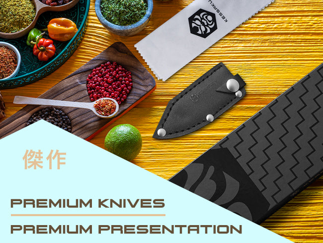 Senshi Series Knives include a gift box, leather knife sheath, and polishing cloth.