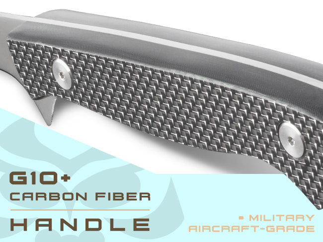 Senshi Series Knives come equipped with a G10 + Carbon Fiber handle.