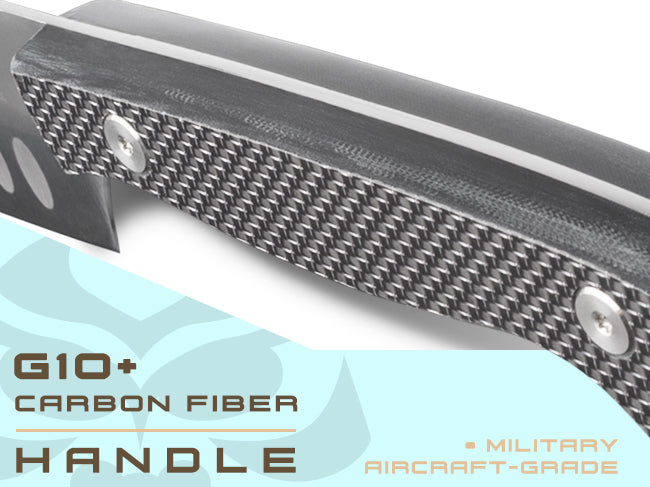 Senshi Series Knives come equipped with a G10 + Carbon Fiber handle.