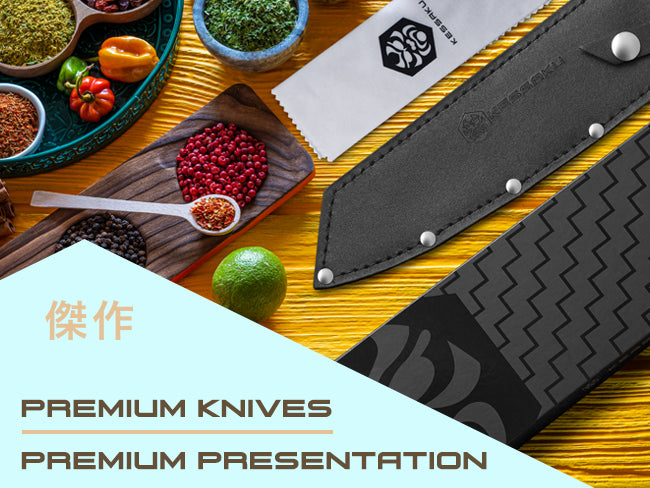 Senshi Series Knives include a gift box, leather knife sheath, and polishing cloth.
