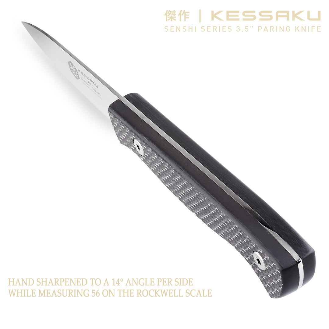 Sharpened to a 14 degree angle per side while measuring 56 on the Rockwell Scale (HRC)