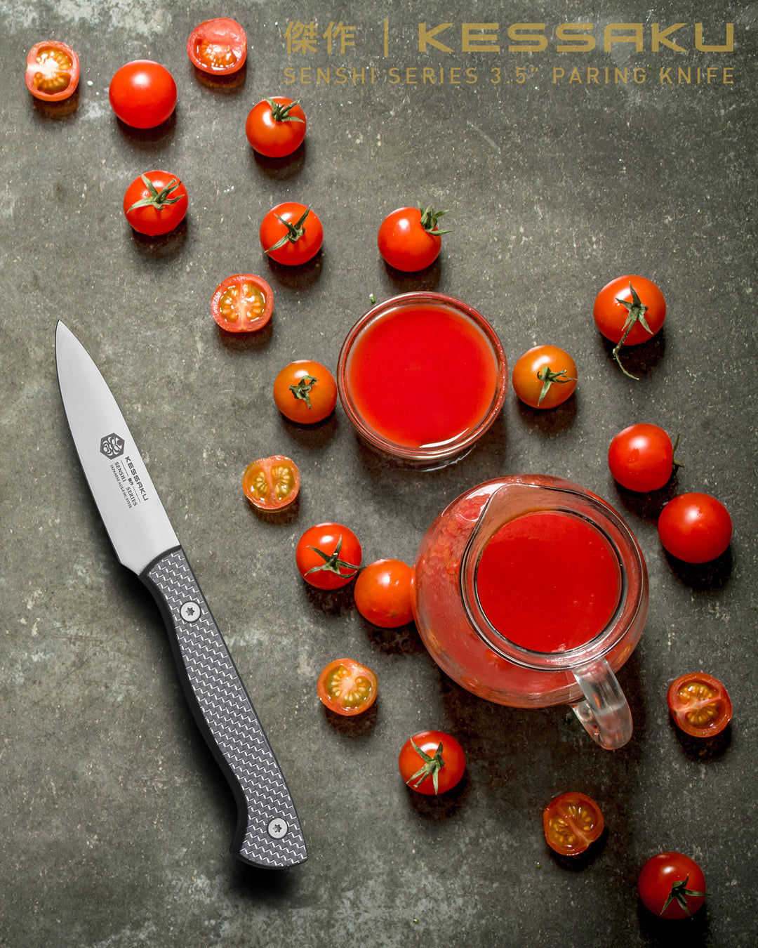 The Senshi Paring Knife after slicing cherry tomatoes