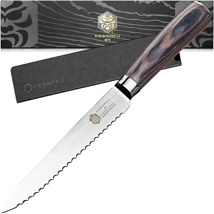 The Kessaku Samurai Serrated Utility Knife with Knife Sheath and Gift Box - Main