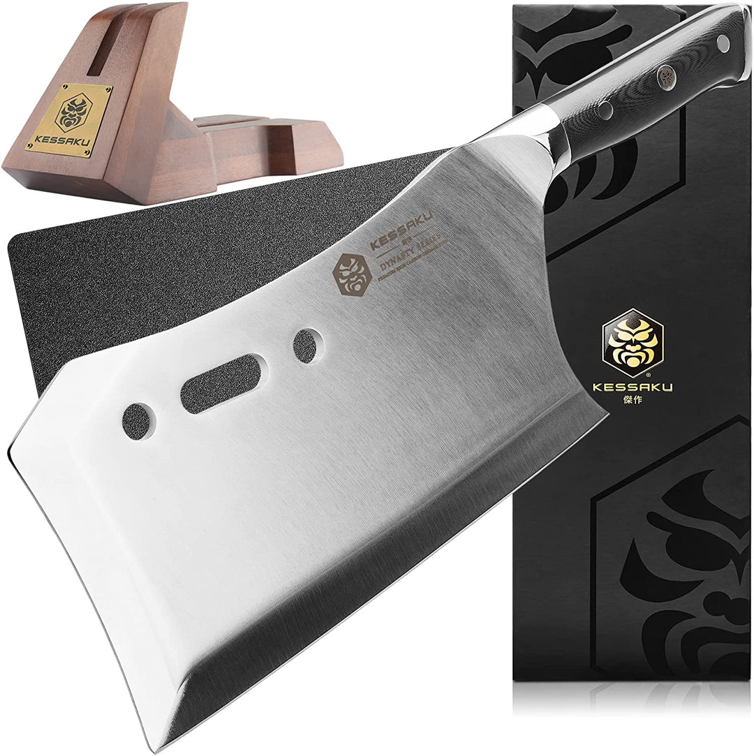 The Kessaku Dynasty Annihilator Butcher Knife with Knife Sheath, Gift Box, and Acacia Wood Stand - Main