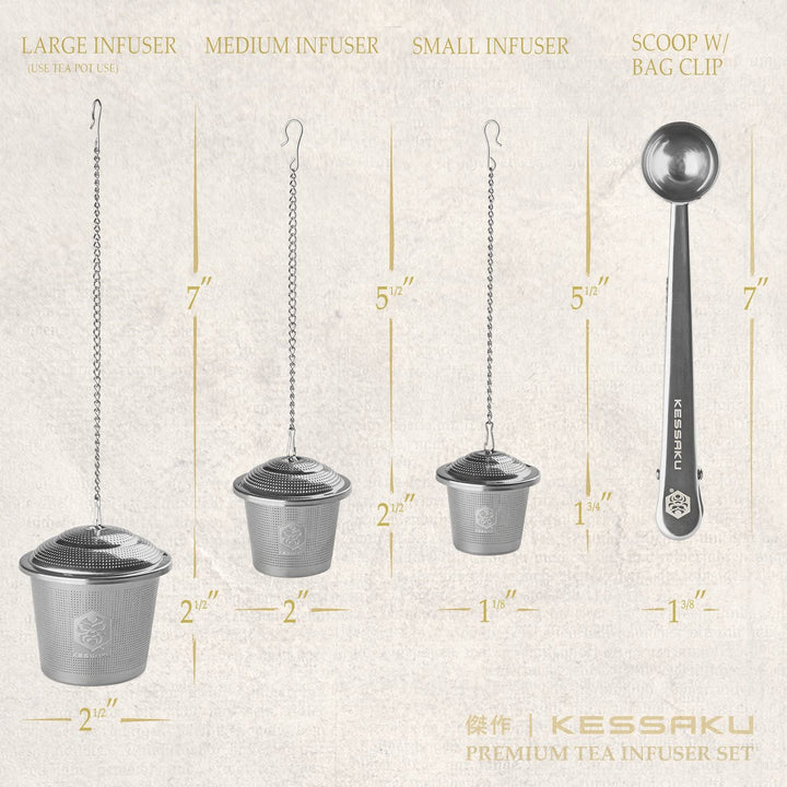 Dimensions for each tea infuser and scoop