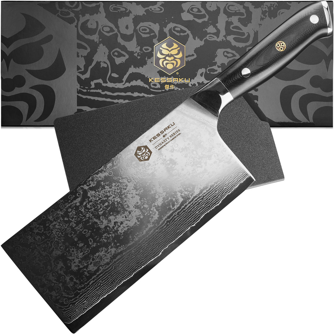 The Kessaku Damascus Dynasty Series 7" Cleaver with blade guard, premium gift box.