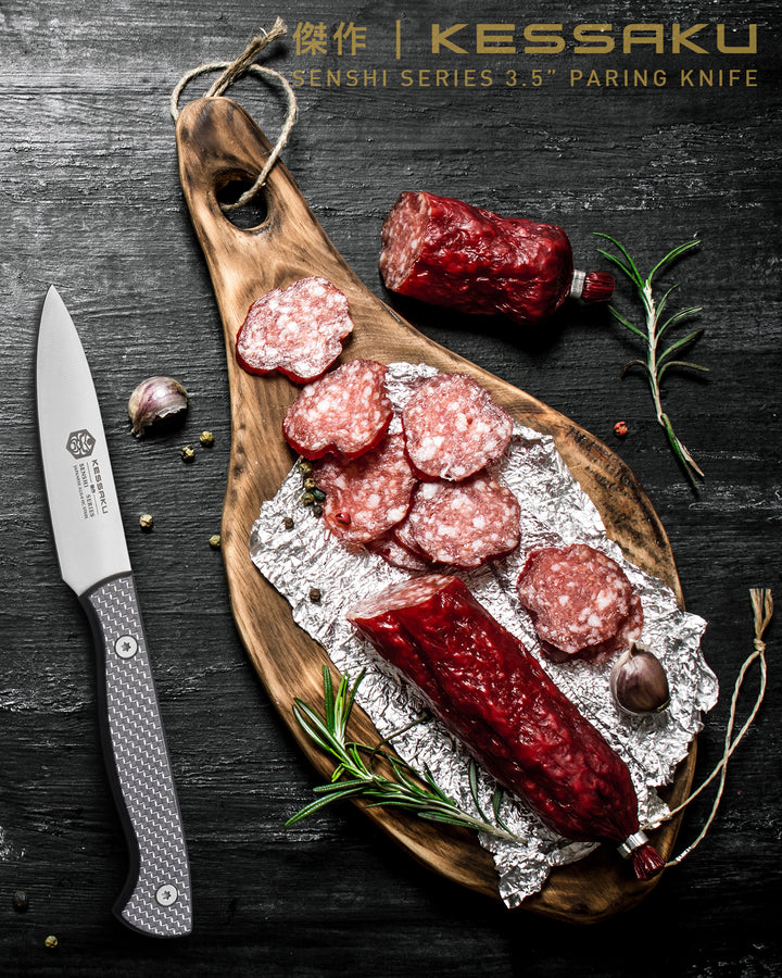 The Senshi Paring Knife after slicing cured meat