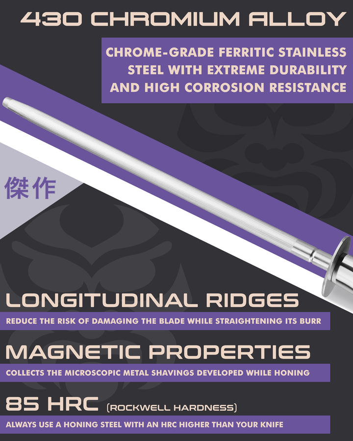 Kessaku Dynasty Honing Steel rod features: 430 Chromium Alloy steel, 89 HRC