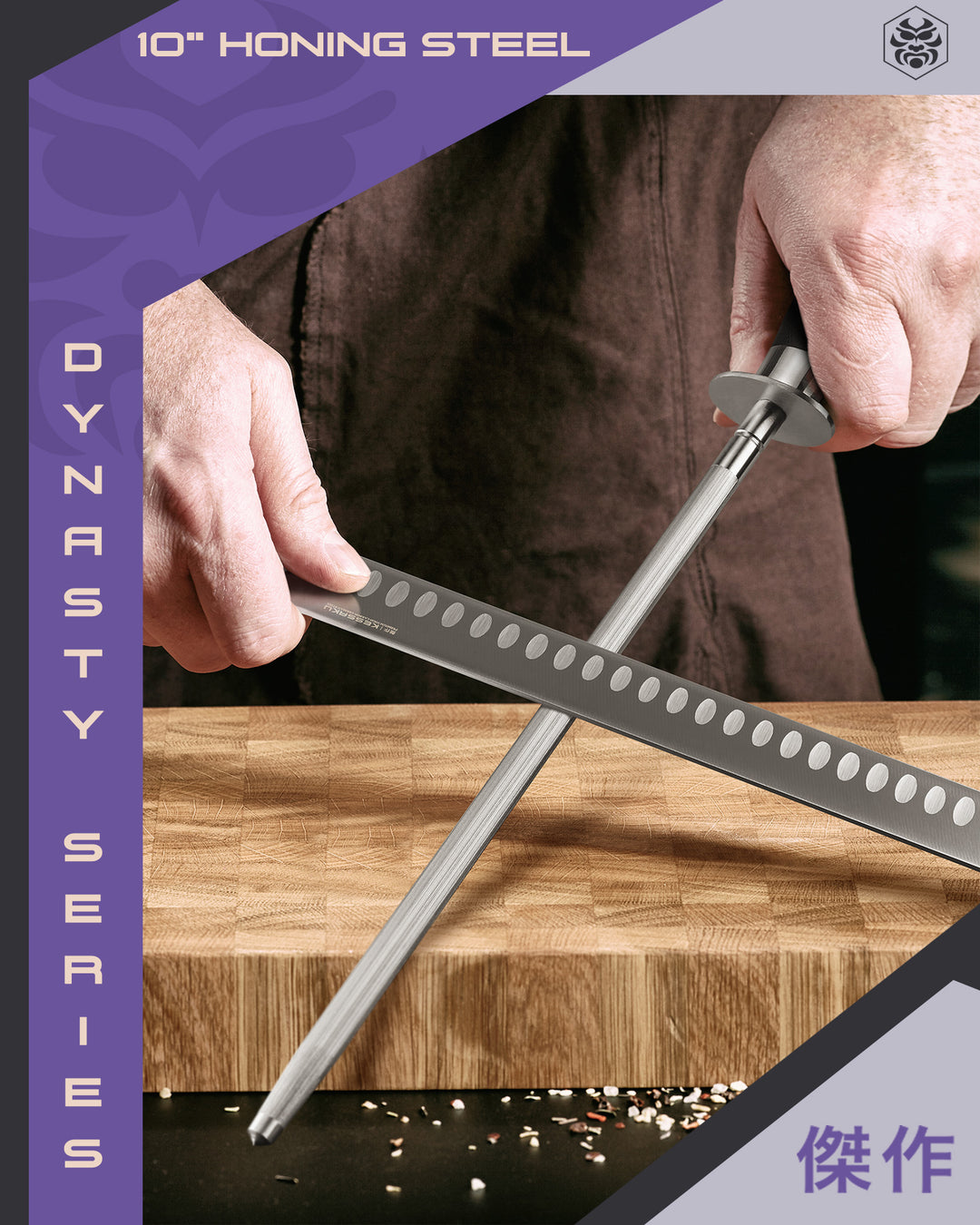 A Chef honing the Dynasty Carving Knife with the Dynasty Honing Rod