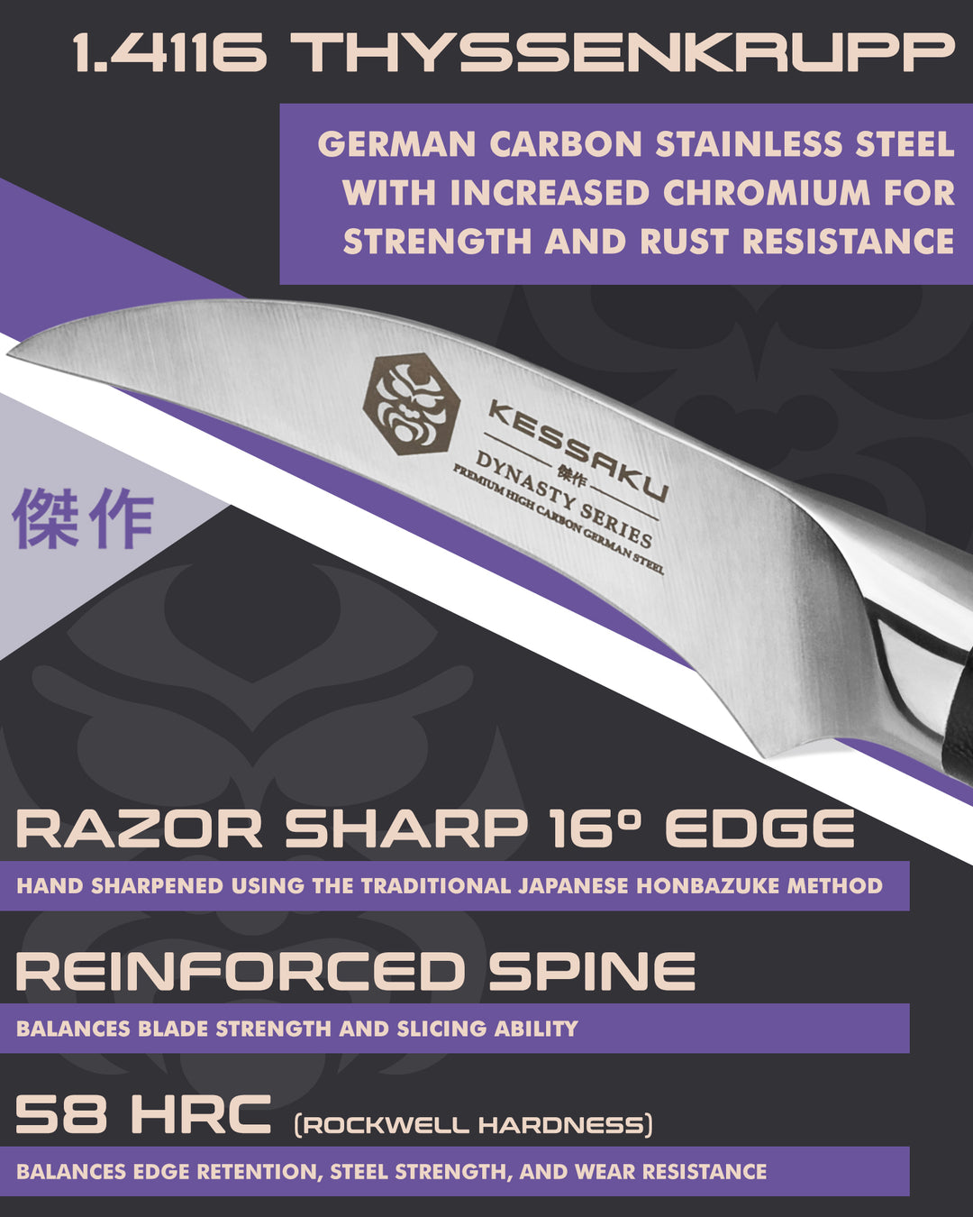 Kessaku Dynasty Tourne Knife blade features: 1.4116 German steel, 58 HRC, sharpened to 16 degrees, reinforced spine