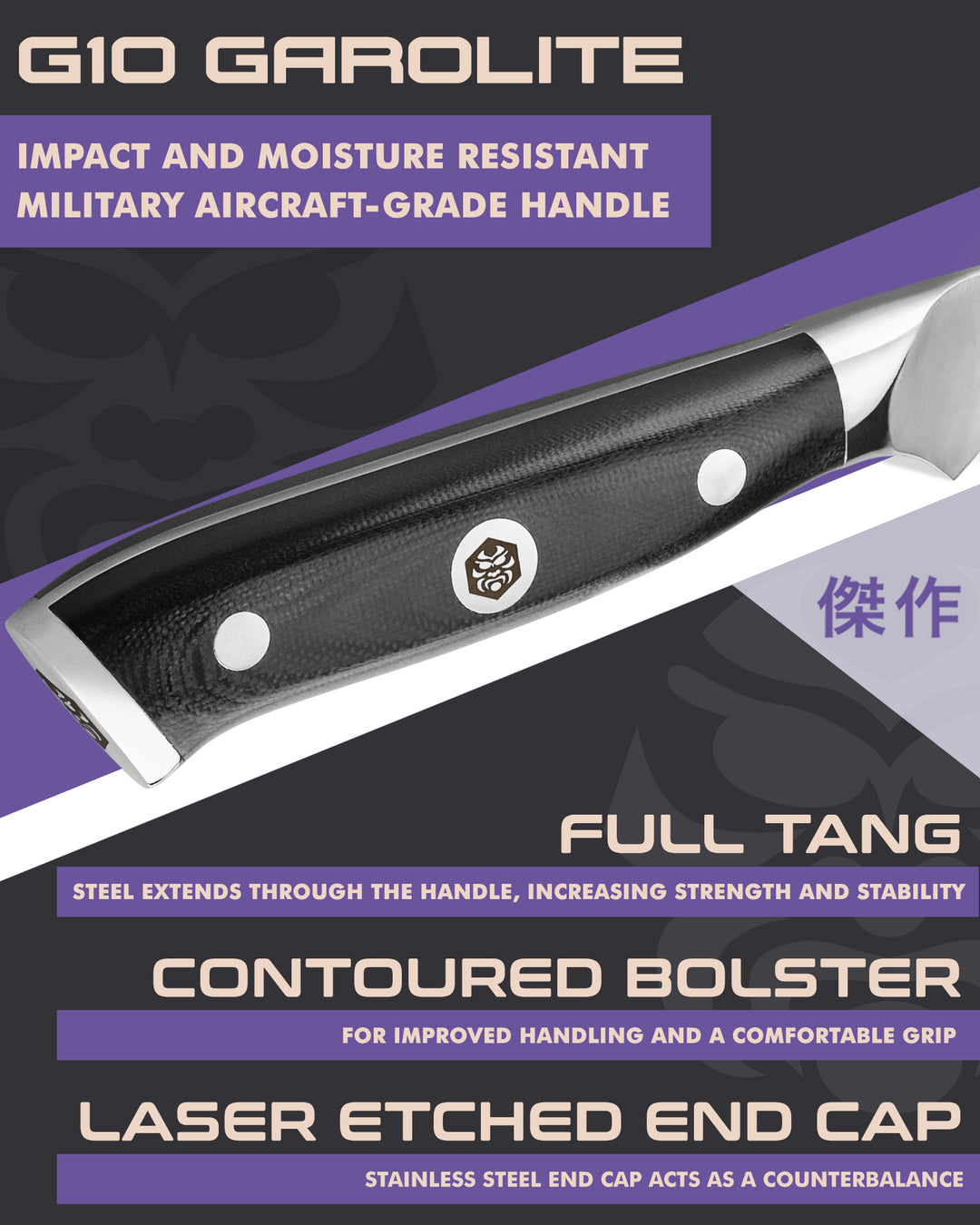 Kessaku Dynasty Tourne Knife handle features: G10 handle, full tang, contoured bolster, laser etched end cap