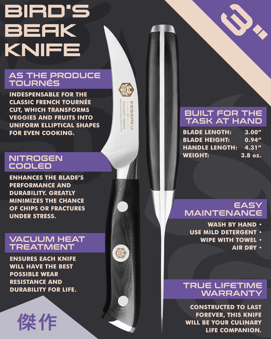 Kessaku Dynasty Series Tourne Knife uses, dimensions, maintenance, warranty info, and additional blade treatments