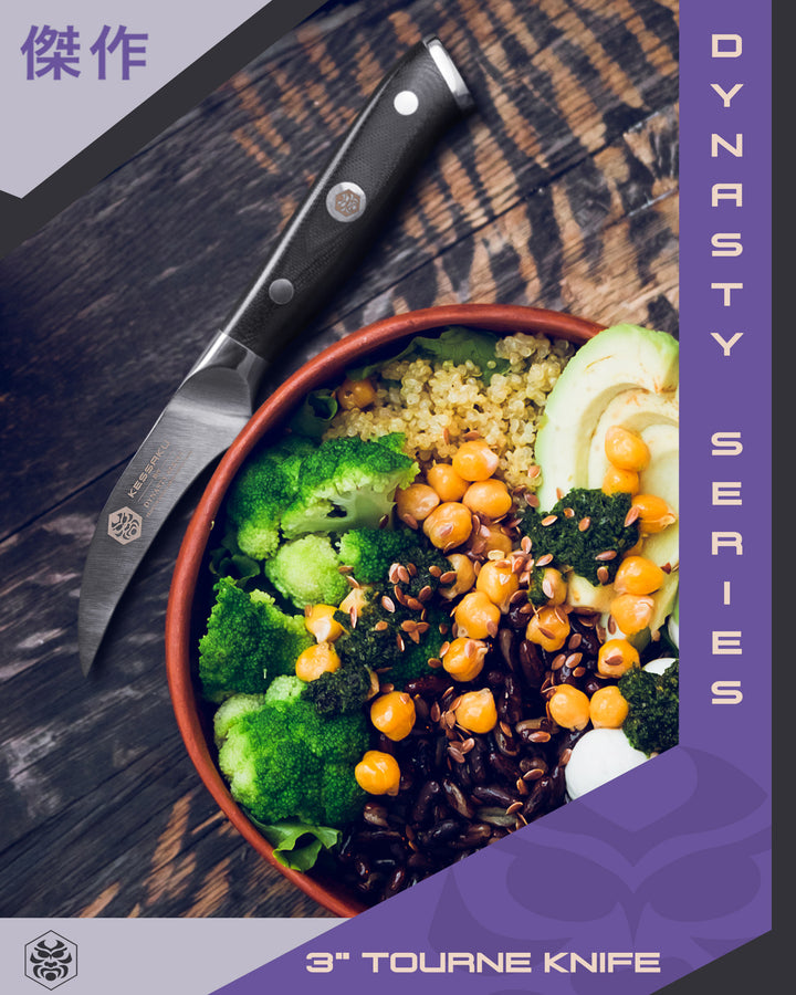 The Dynasty Tourne Knife with a bowl of mixed vegetables