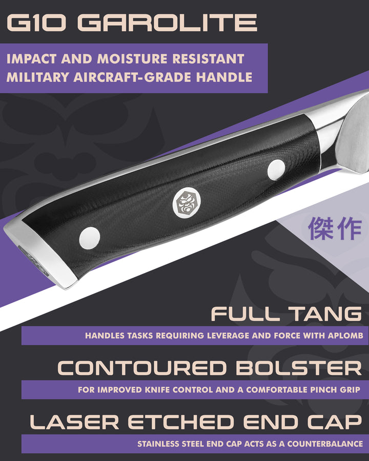 Kessaku Dynasty Fillet Knife handle features: G10 handle, full tang, contoured bolster, laser etched end cap