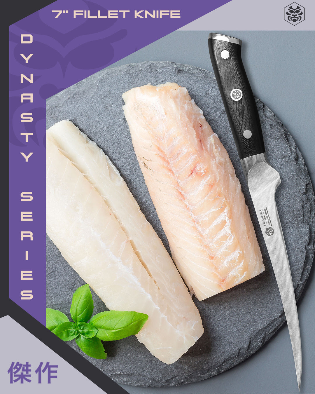 The Dynasty Fillet Knife on slate with perfectly fileted whitefish steaks