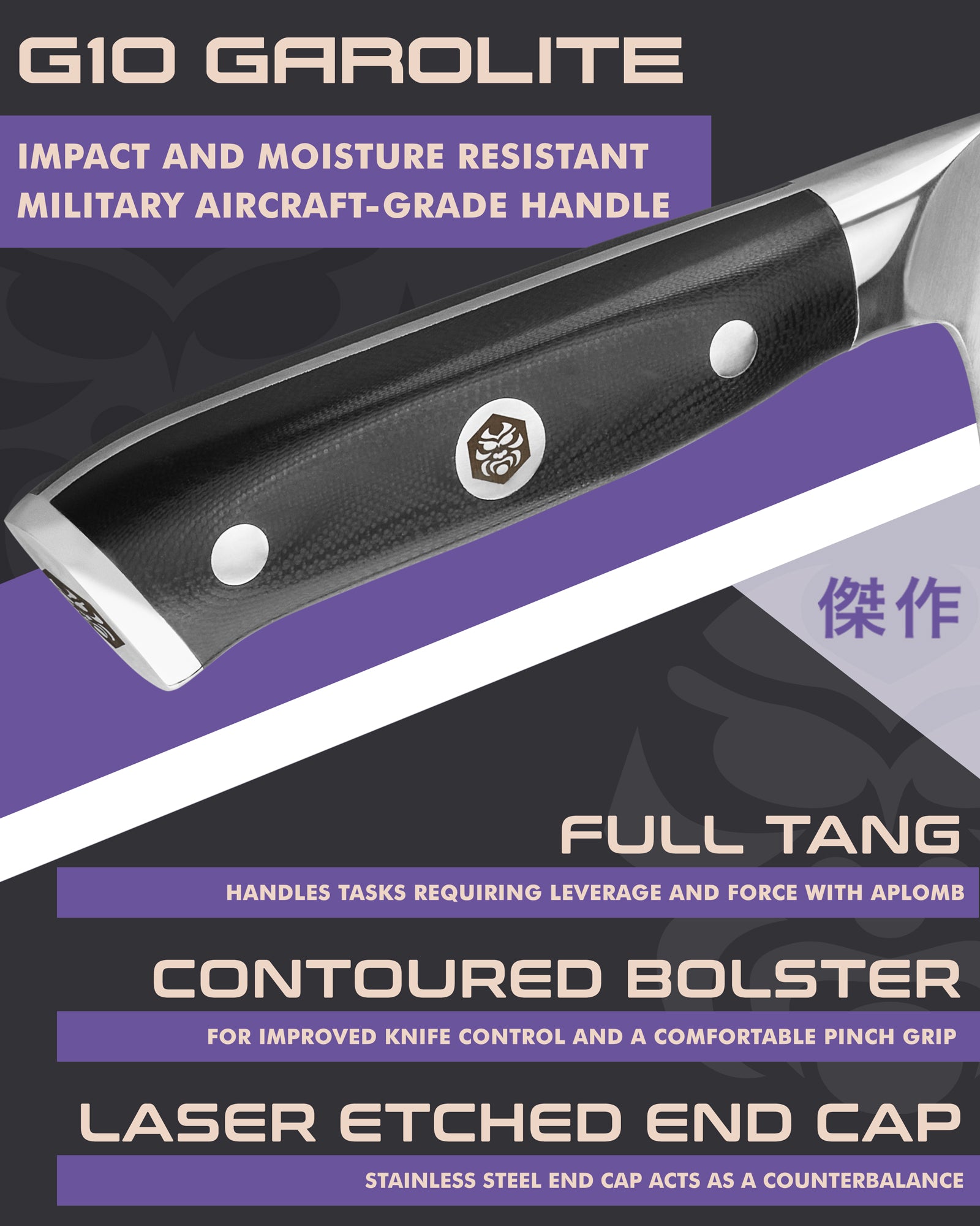 Kessaku Dynasty Cleaver Knife handle features: G10 handle, full tang, contoured bolster, laser etched end cap