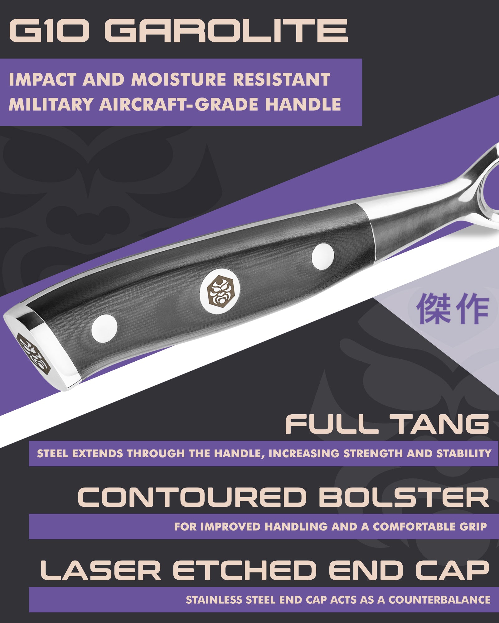 Kessaku Dynasty Carving Fork handle features: G10 handle, full tang, contoured bolster, laser etched end cap