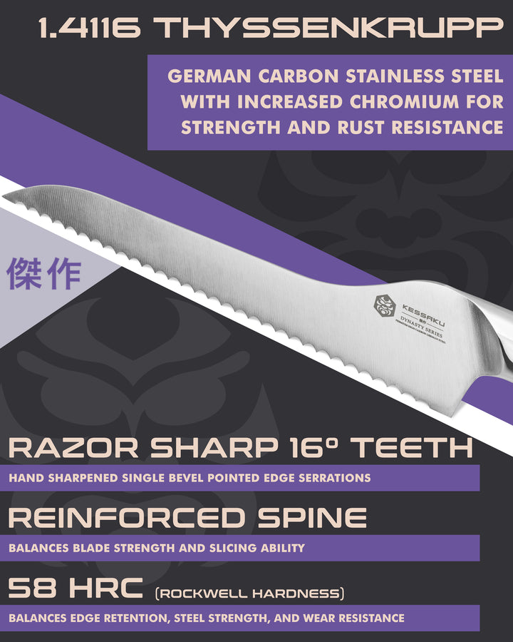 Kessaku Dynasty Offset Bread Knife blade features: 1.4116 German steel, 58 HRC, sharpened to 16 degrees, reinforced spine