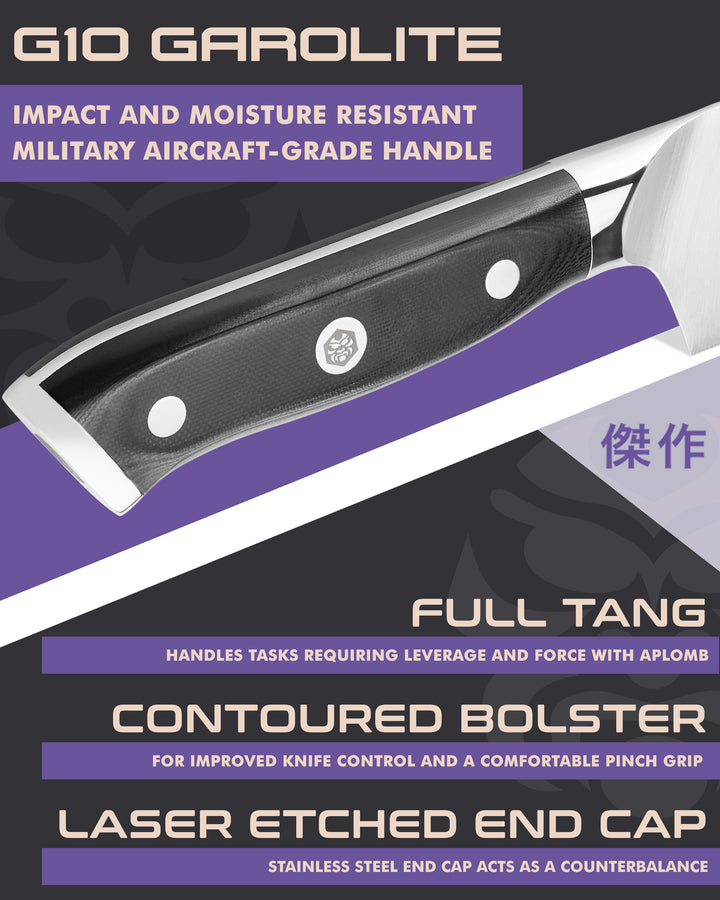 Kessaku Dynasty Offset Bread Knife handle features: G10 handle, full tang, contoured bolster, laser etched end cap
