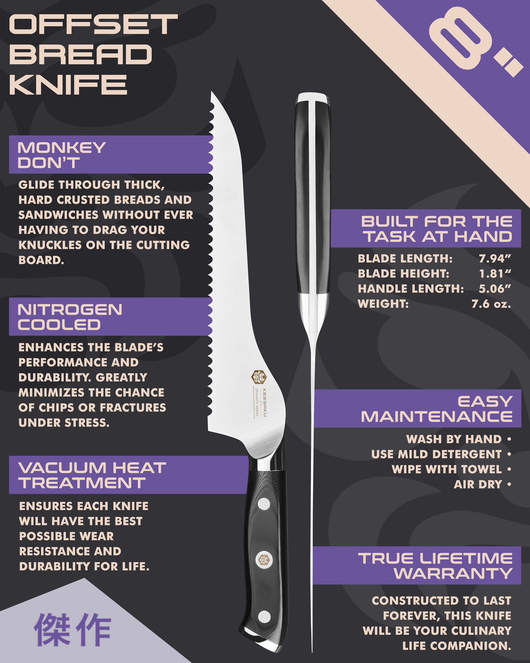 Kessaku Dynasty Series Offset Bread Knife uses, dimensions, maintenance, warranty info, and additional blade treatments