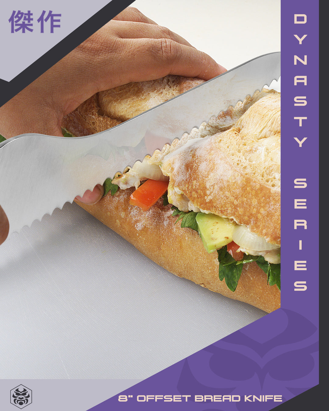 A man cut a large sub sandwich with the Dynasty Offset Deli Knife