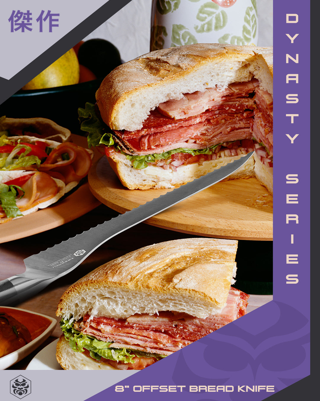 The Dynasty Offset Deli Knife having cut a piece off a huge sandwich filled with various cured meats and turkey, lettuce, tomato, and onion.