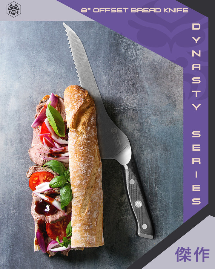 Dynasty Offset Deli Knife after halving a roast beef sandwich with red onions, cherry tomato, basil, and steak sauce.