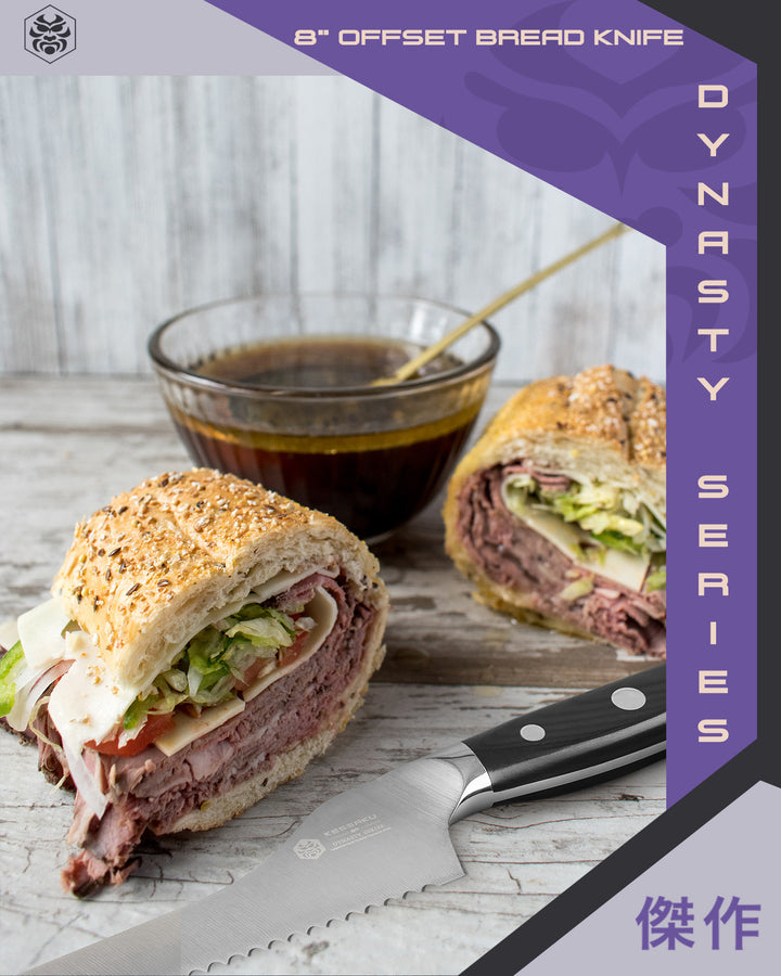 The Dynasty Offset Deli Knife with a roast beef sub with lettuce, tomato, provolone cheese, and a cup of au jus