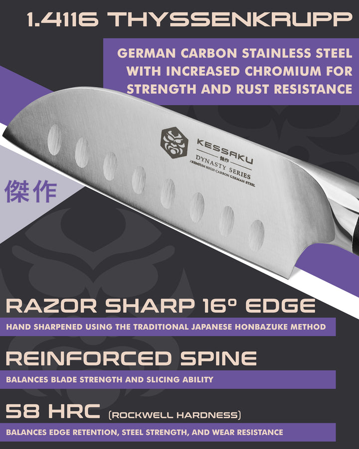Kessaku Dynasty Santoku Knife blade features: 1.4116 German steel, 58 HRC, sharpened to 16 degrees per side, reinforced spine