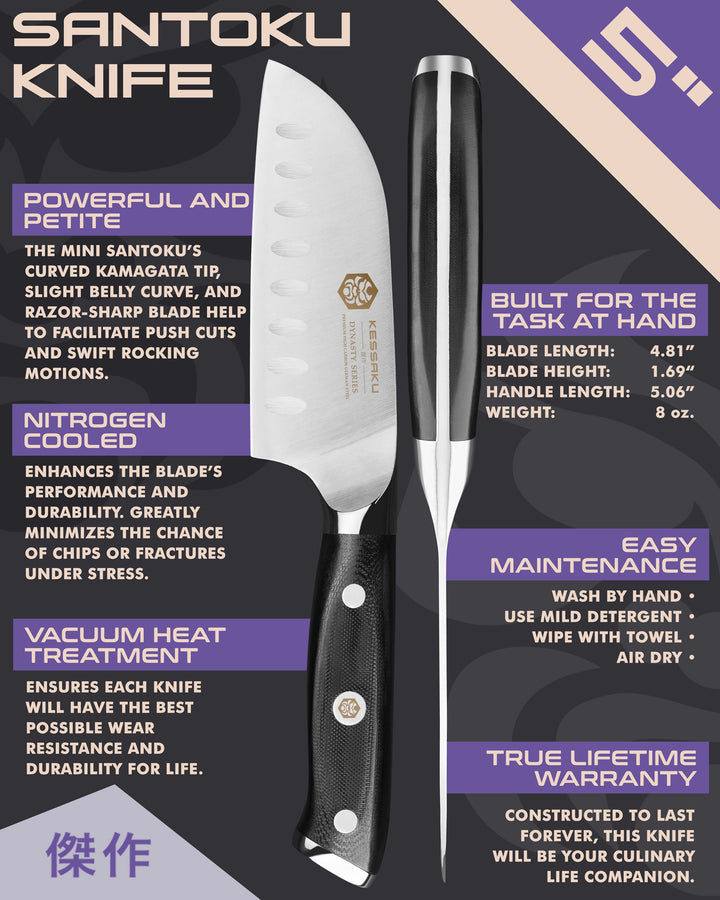 Kessaku Dynasty Series Mini Santoku Knife uses, dimensions, maintenance, warranty info, and additional blade treatments