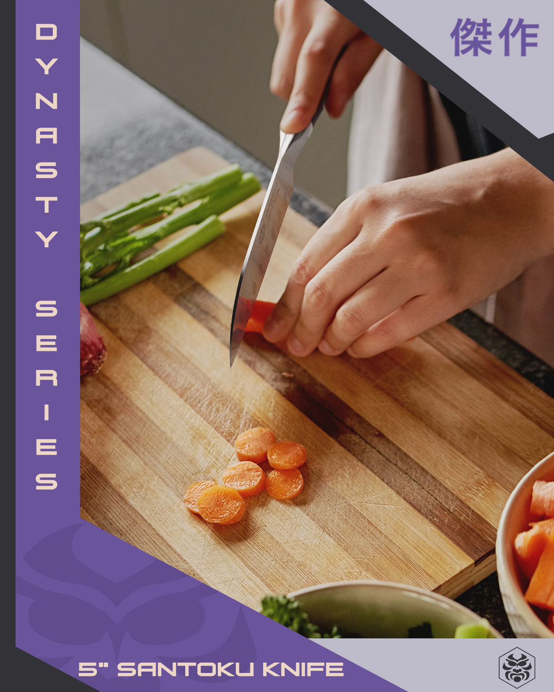 A woman slices a carrot with the Dynasty 5" Santoku Knife