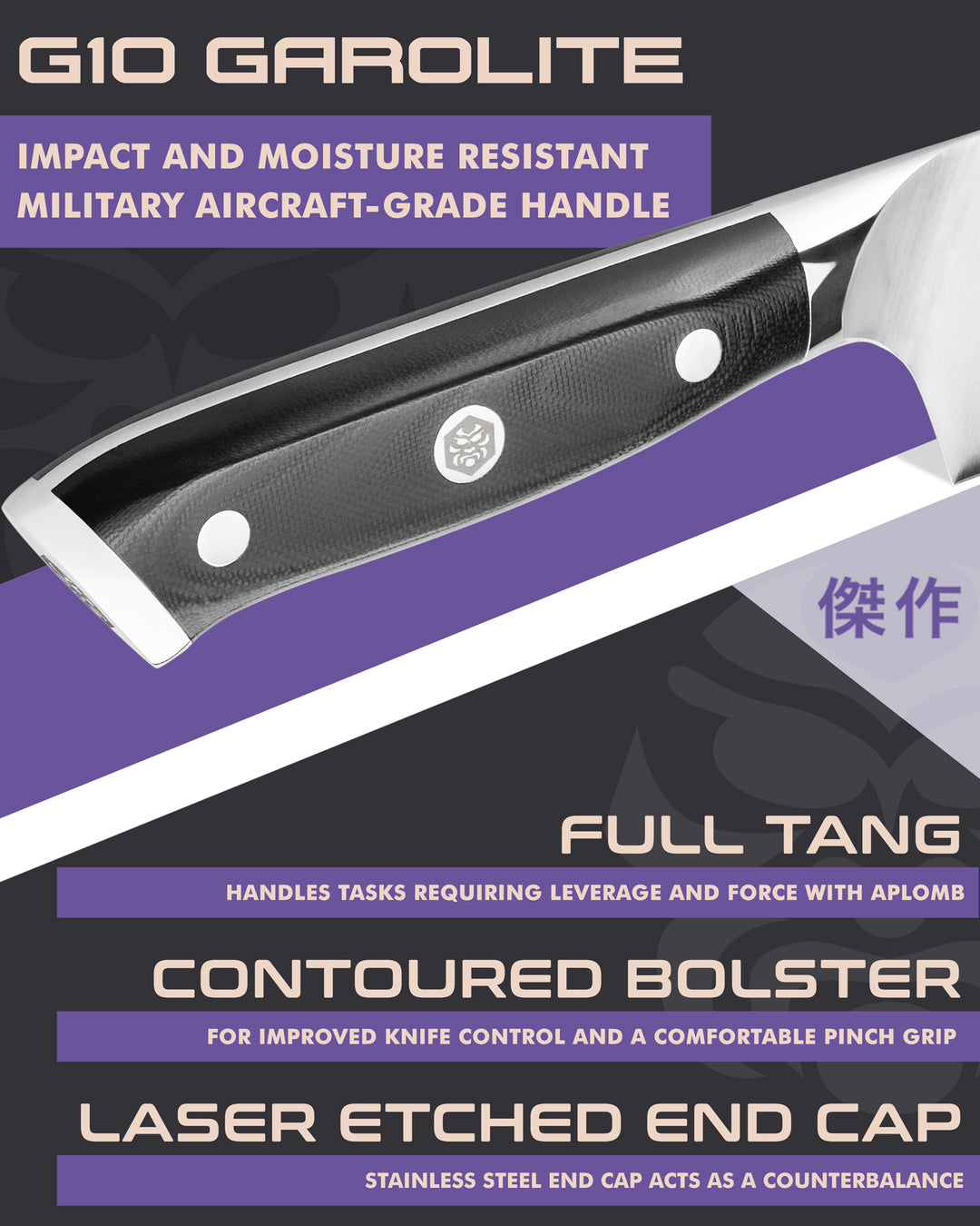 Kessaku Dynasty Produce Knife handle features: G10 handle, full tang, contoured bolster, laser etched end cap